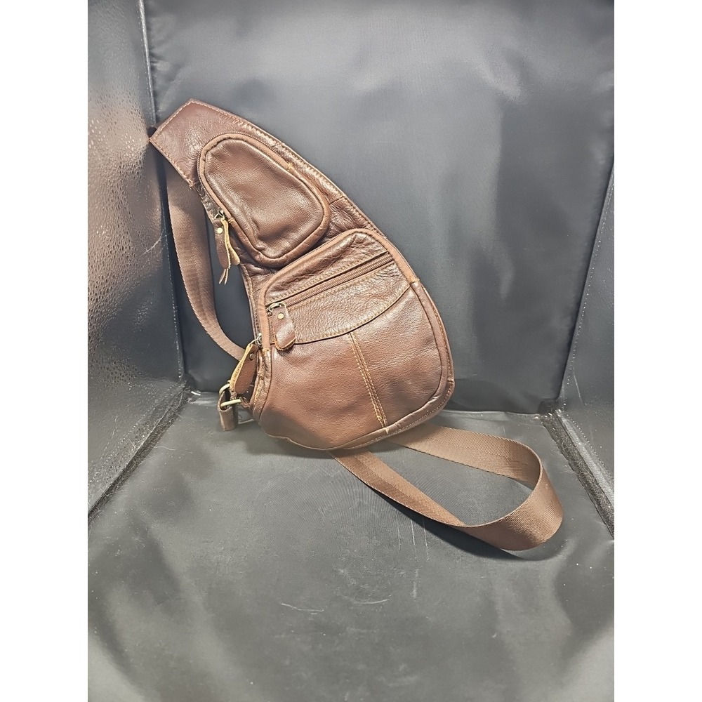 Men's Biker Leather Sling Pack Bag Backpack Satchel, American Legend Rider